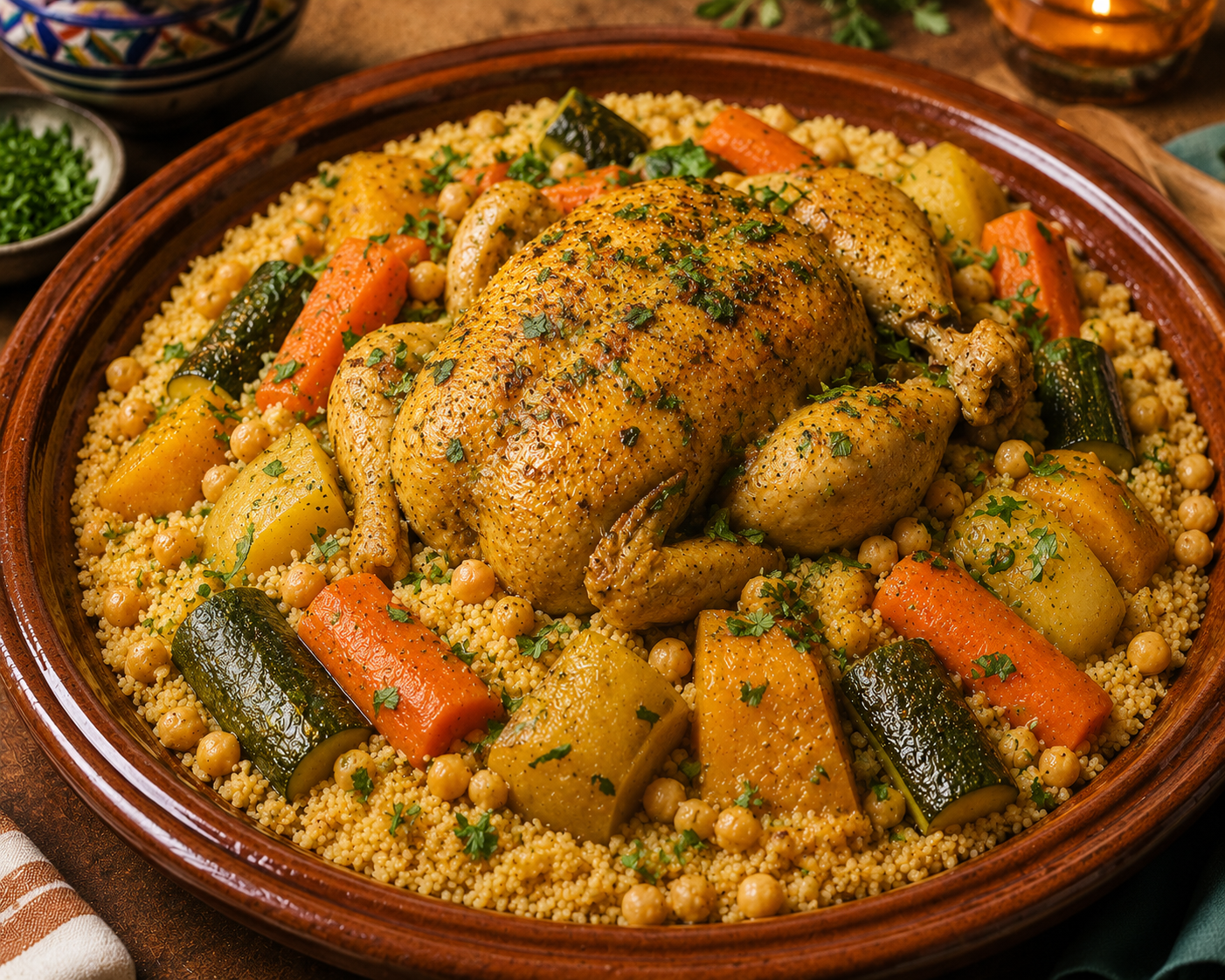 Family-style chicken and vegetable couscous